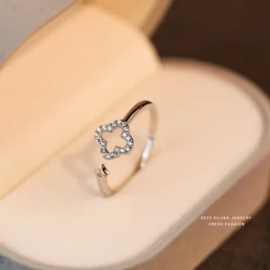 925 Sterling Silver Zircon Four-Leaf Clover Open Ring