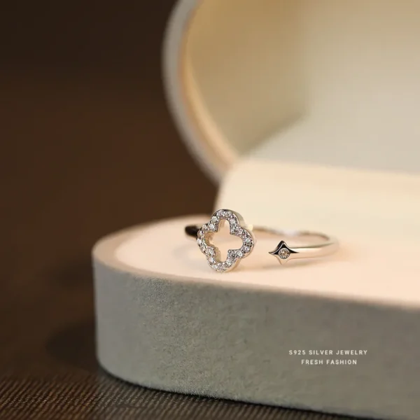 925 Sterling Silver Zircon Four-Leaf Clover Open Ring - Image 3