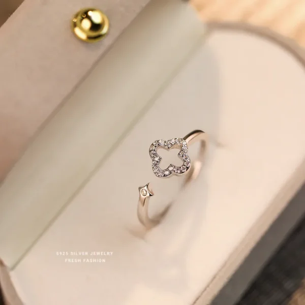 925 Sterling Silver Zircon Four-Leaf Clover Open Ring - Image 2