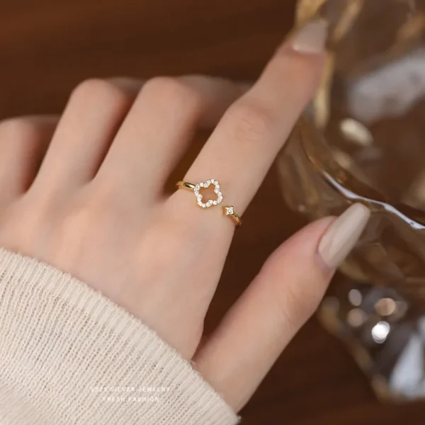 925 Sterling Silver Zircon Four-Leaf Clover Open Ring - Image 5