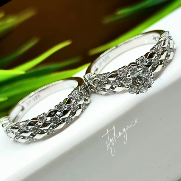 925 Silver Dual Floral Zircon Bracelet Ring - Image 3