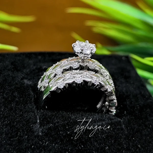925 Silver Dual Floral Zircon Bracelet Ring - Image 2