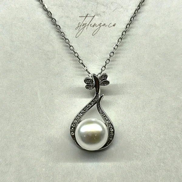 925 Silver Pearl Drop Pendant Necklace with Zircon Accents - Image 2