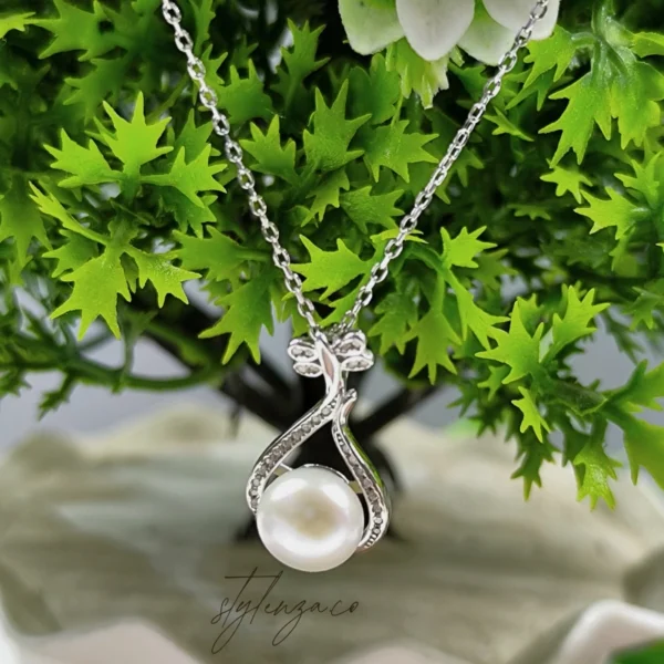 925 Silver Pearl Drop Pendant Necklace with Zircon Accents - Image 3
