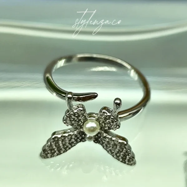 925 Silver Butterfly Ring with CZ Diamonds & Pearl Accents - Image 4