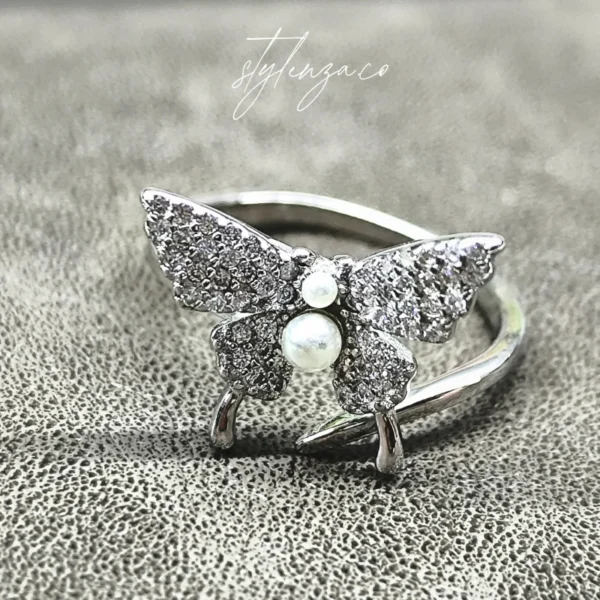925 Silver Butterfly Ring with CZ Diamonds & Pearl Accents - Image 3
