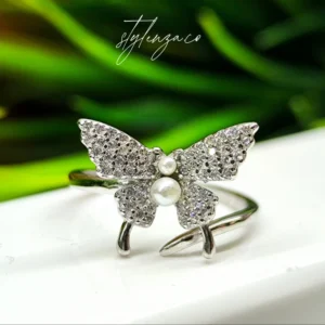 925 Silver Butterfly Ring with CZ Diamonds & Pearl Accents