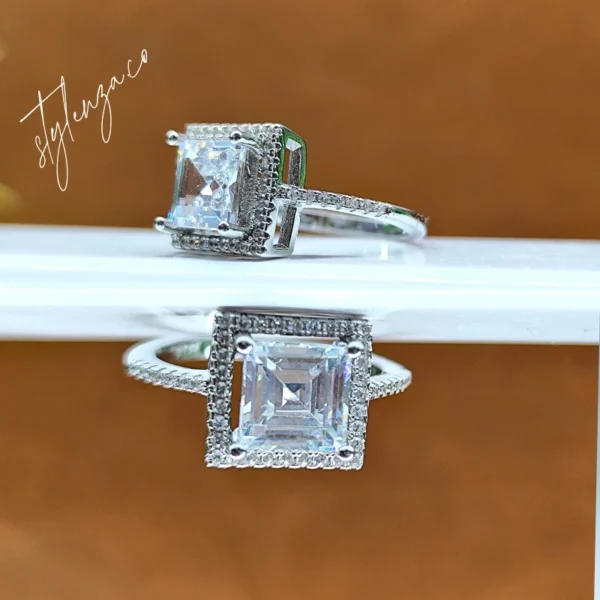 925 Silver Square-Cut Zircon Ring with Halo Design - Image 2