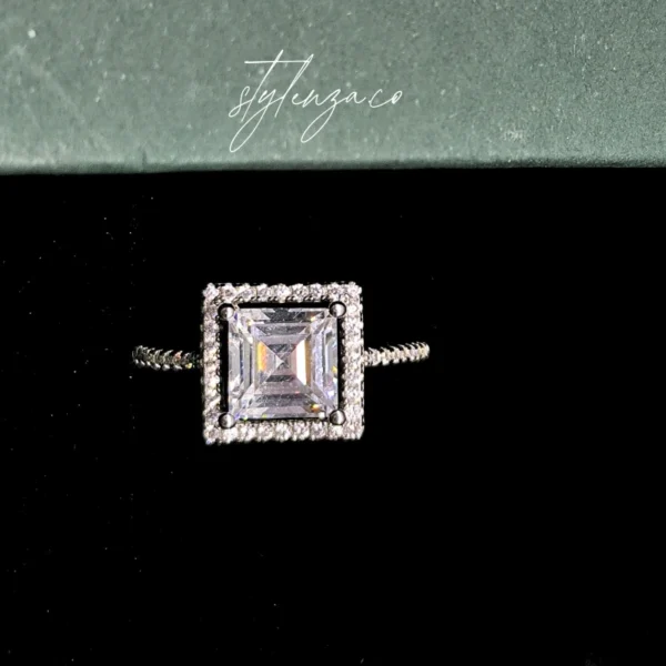 925 Silver Square-Cut Zircon Ring with Halo Design - Image 3
