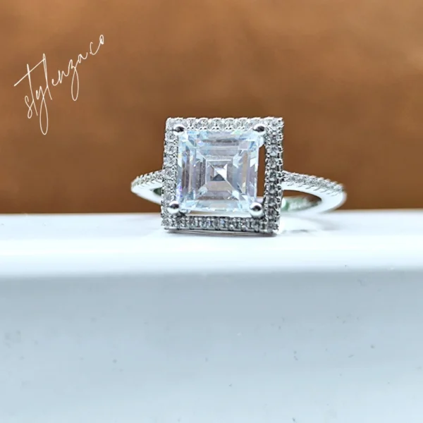 925 Silver Ring, Zircon Ring, Square Cut Ring, Halo Design, Statement Ring, Silver Ring for Women, Elegant Silver Ring