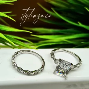 Princess Cut Solitaire & Eternity Band 925 Silver Ring Set