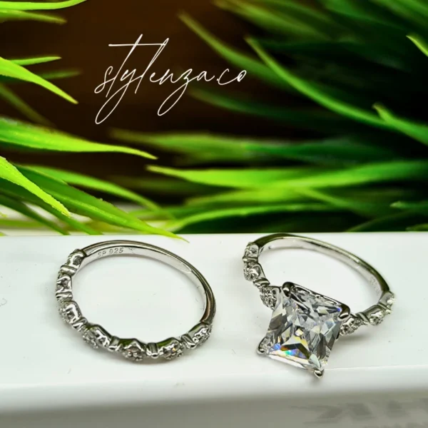 Princess Cut Solitaire & Eternity Band 925 Silver Ring Set