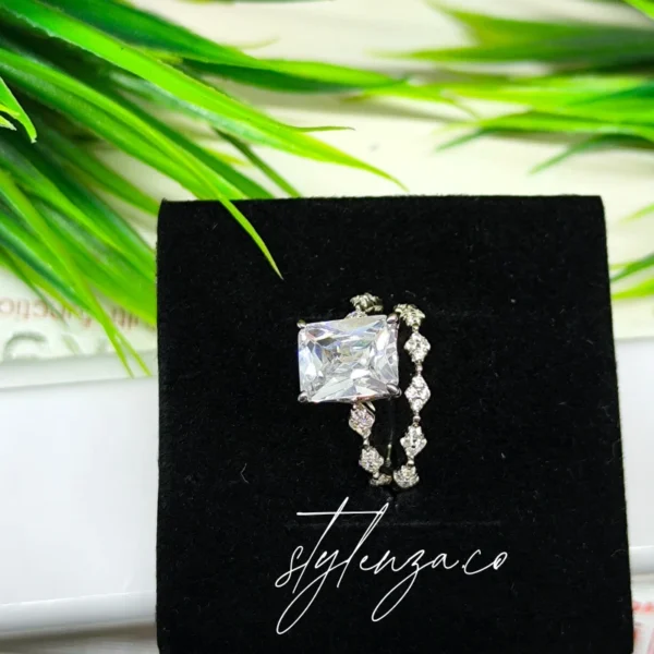 Princess Cut Solitaire & Eternity Band 925 Silver Ring Set - Image 3
