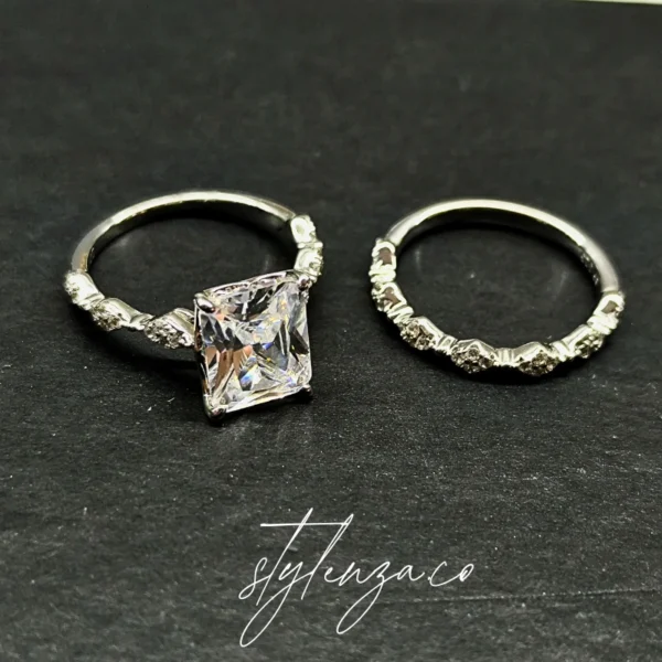 Princess Cut Solitaire & Eternity Band 925 Silver Ring Set - Image 2