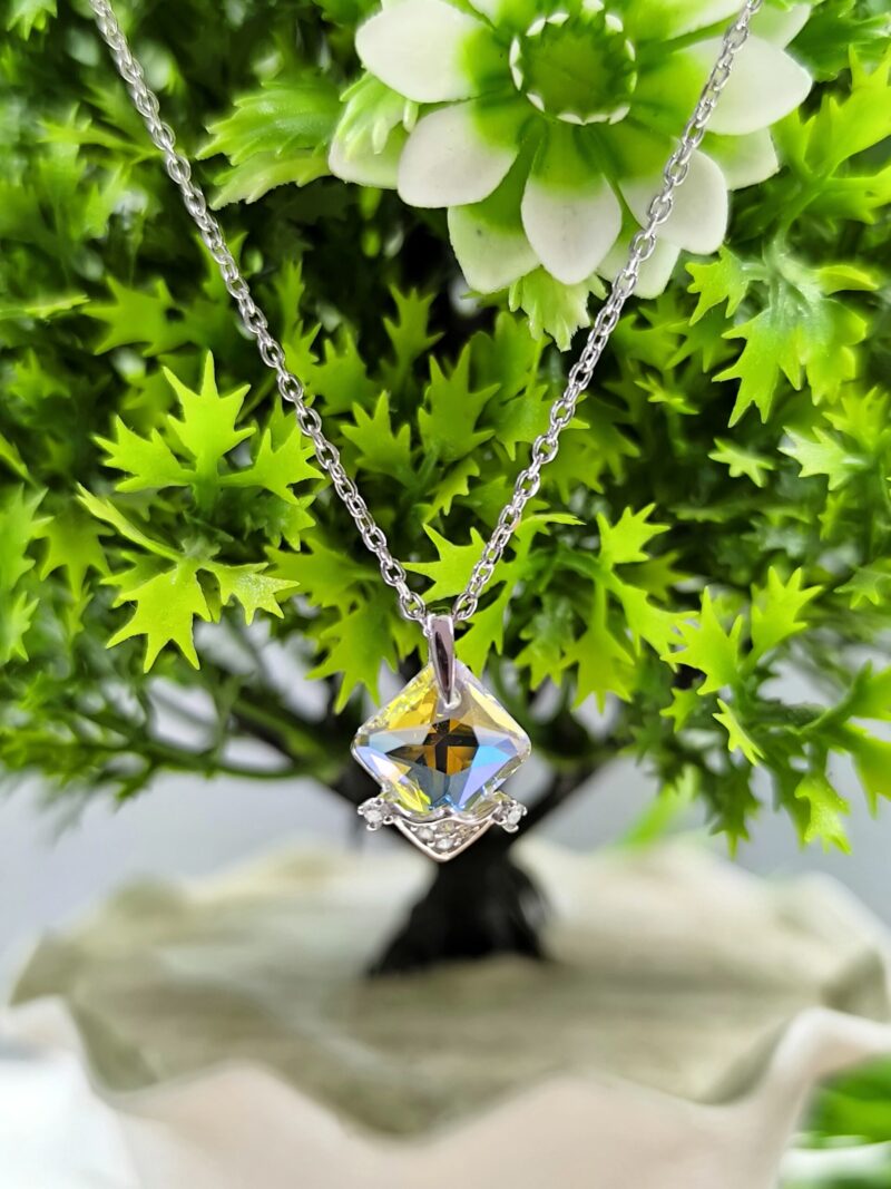 Silver Crystal Diamond Shape Pendant Necklace for Women