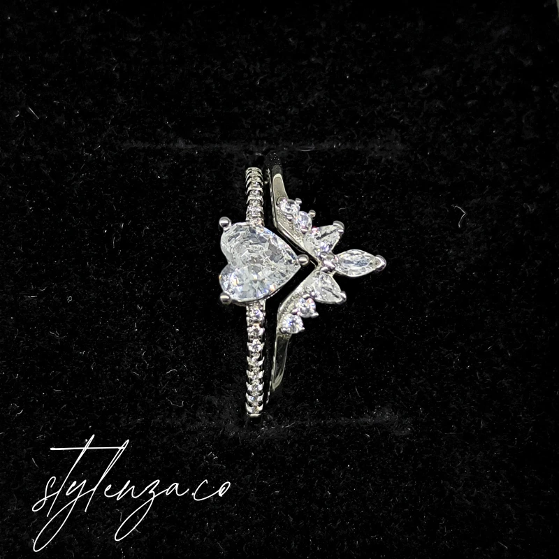925 Silver Heart & Leaf Dual Ring Set for Women