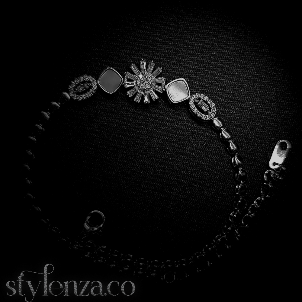 Designer Silver Bracelet with Floral Charm & CZ Detailing - Image 2