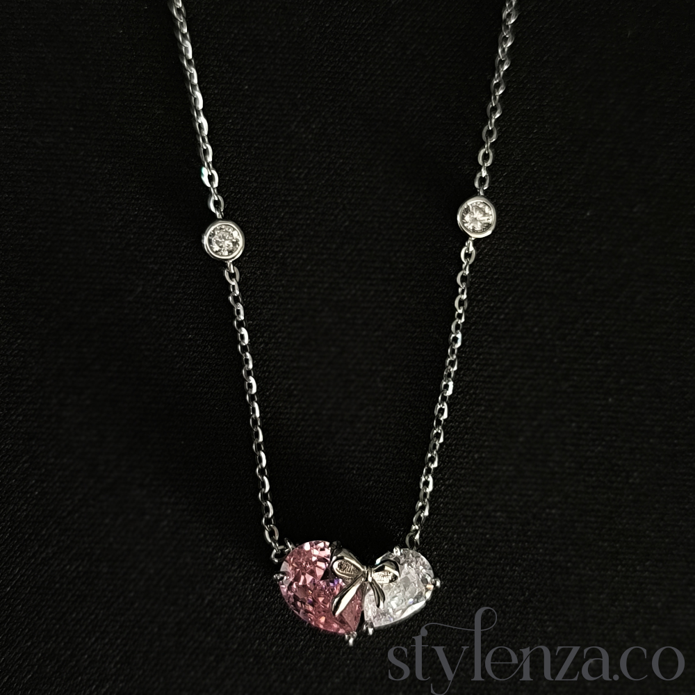 "925 Silver Dual Heart Pendant Necklace | Pink & White Stone | Stylenza" - Image 3