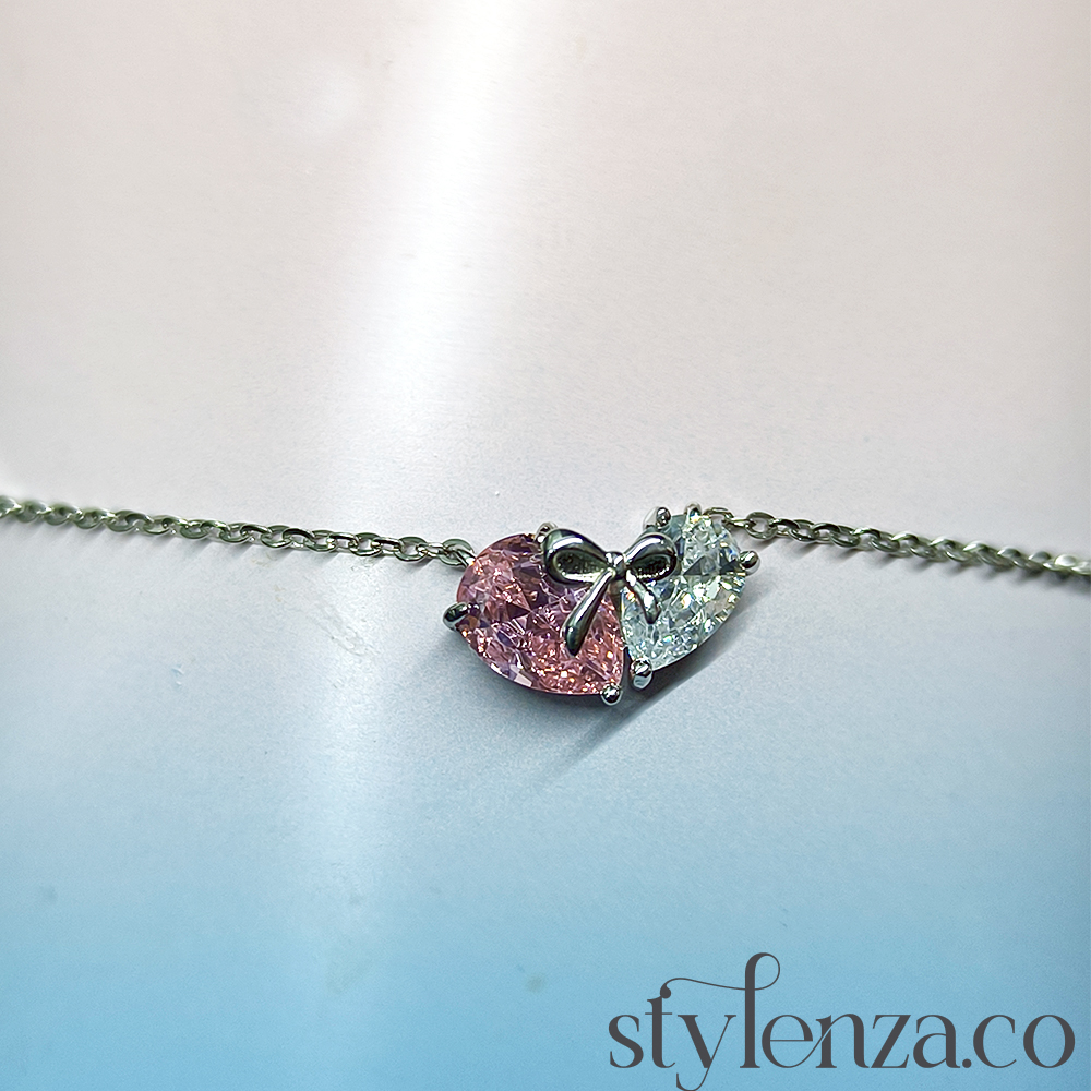 "925 Silver Dual Heart Pendant Necklace | Pink & White Stone | Stylenza" - Image 2